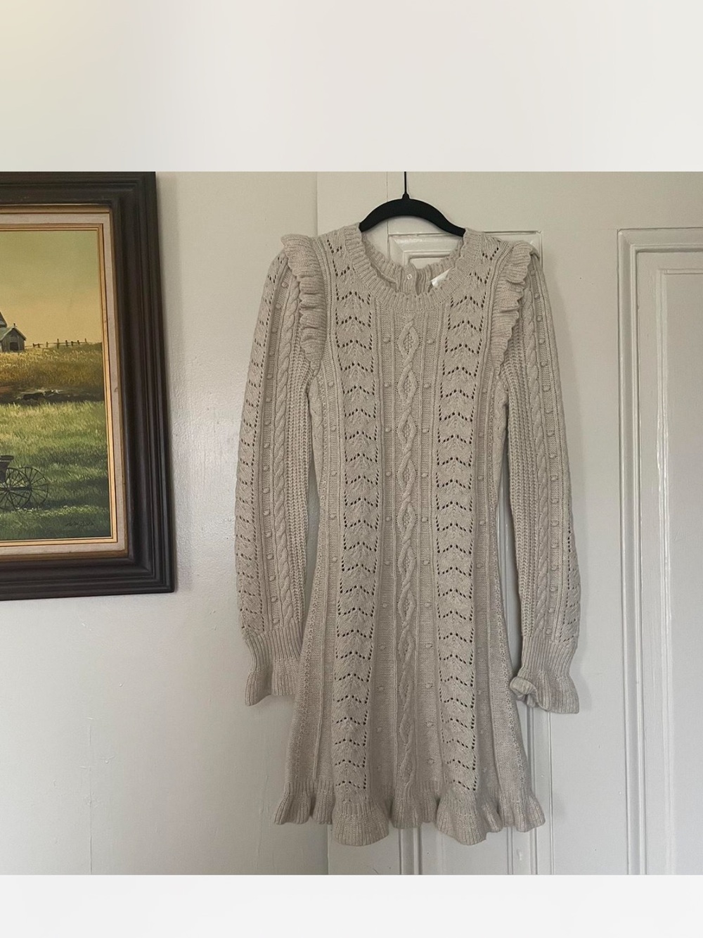 LoveShackFancy Cream Cable Knit Ruffle Dress